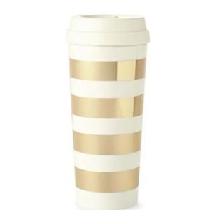 KATE SPADE Gold Stripped Thermal 16 OZ Coffee Mug With Top NEW
